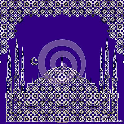 Silhouette of a mosque, a crescent with a star, in an arch from a traditional openwork oriental vector ornament.Free for text. Vector Illustration